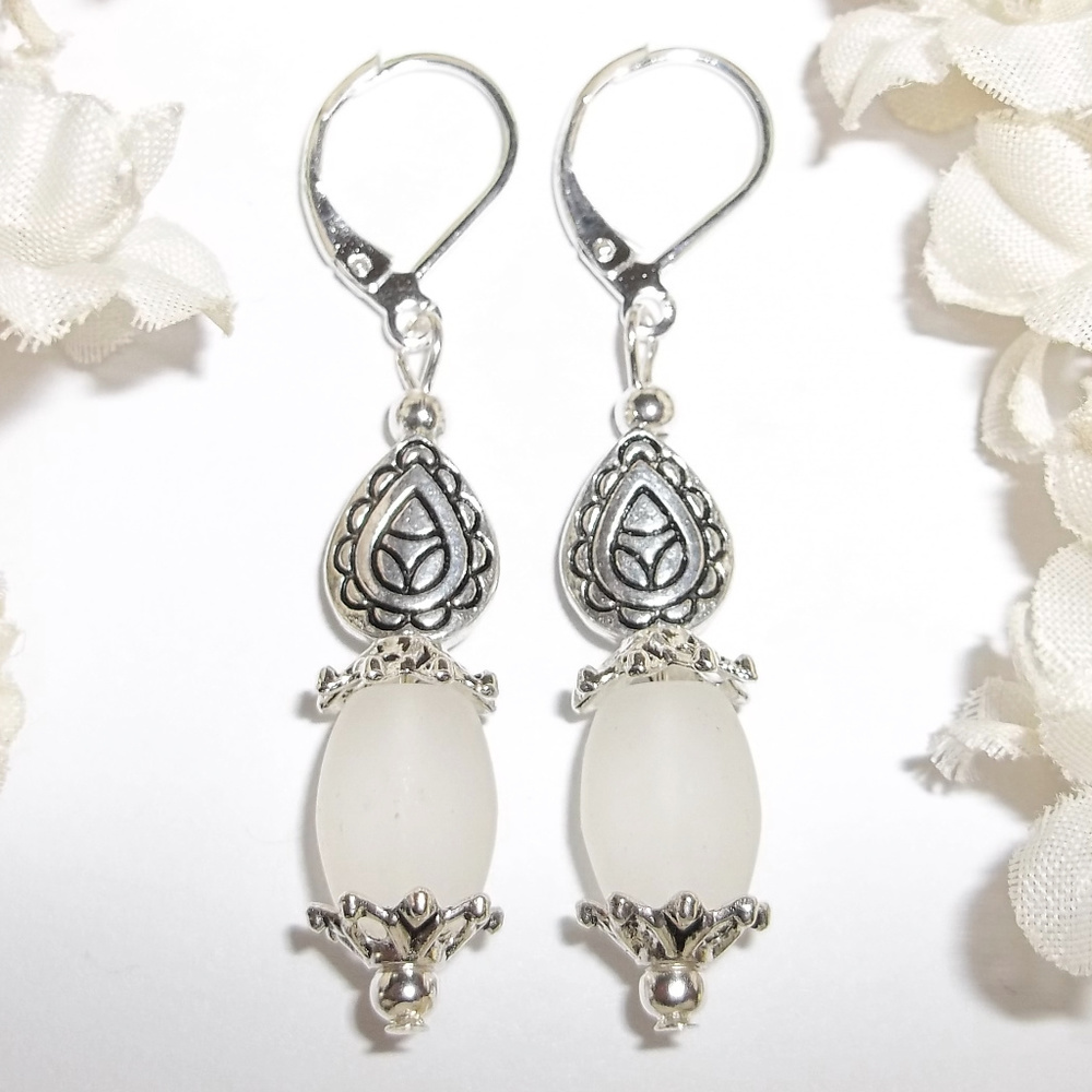 Frosty White Beach Glass Earring Set Handmade 4539